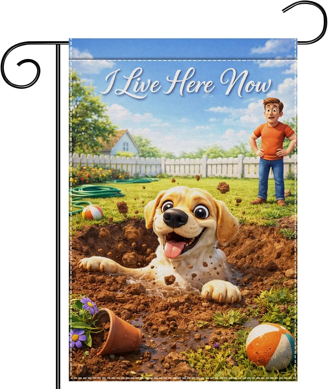 I Live Here Now Funny Dog Garden Flag 12x18 Inch Double Sided Polyester Muddy Puppy Outdoor Porch Decor kkz