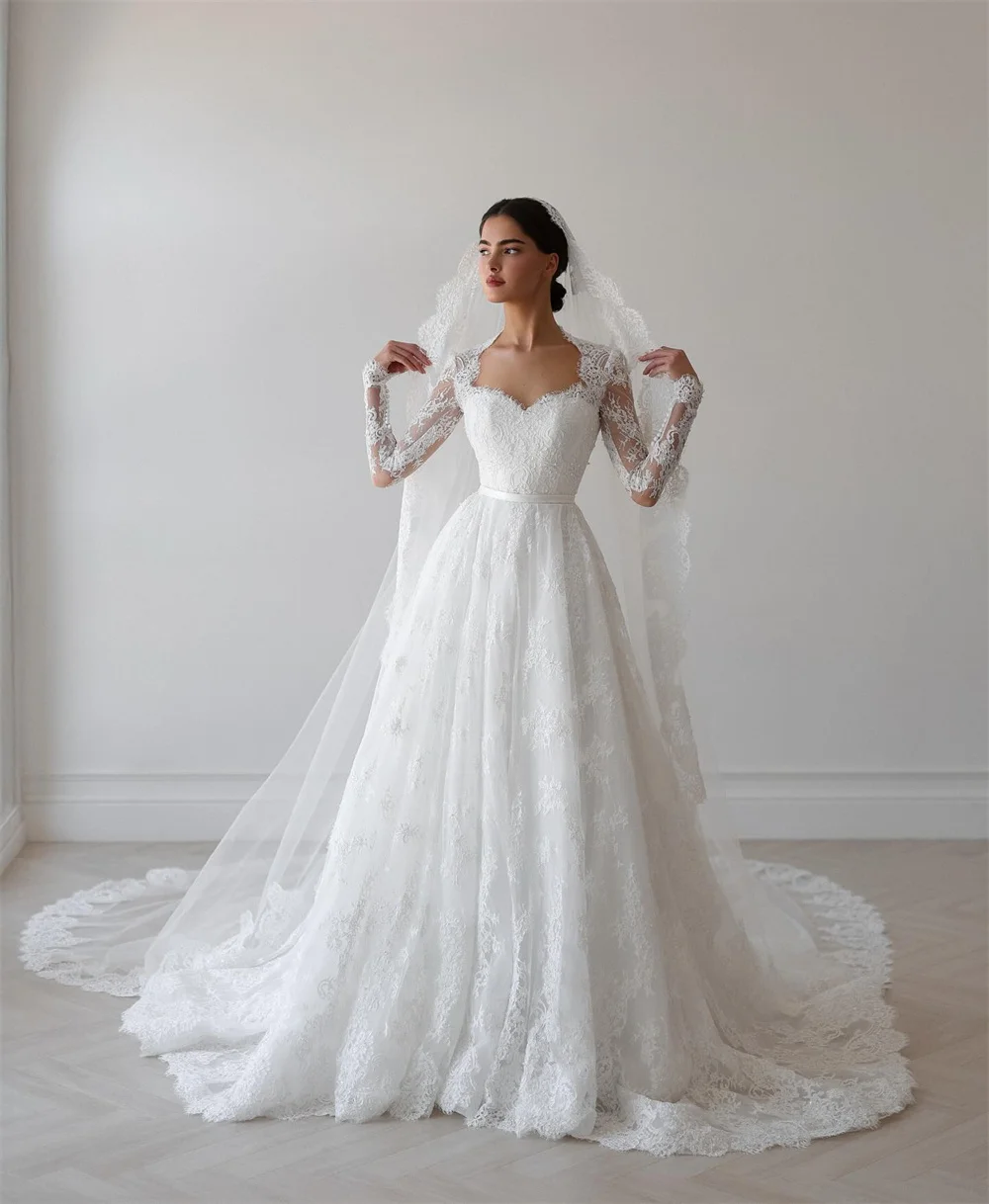 Kyoto Aanpassen Witte Kant Applicaties A-lijn Trouwjurken Sweetheart Lange Mouwen vestidos de novia Lange Trein Avondjurk