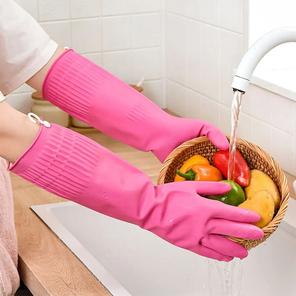 New Pink Cleaning Gloves Thickened Non-slip Kitchen Gloves Long Cuff Household Rubber Gloves Household Cleaning