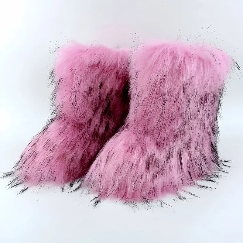 

Women Faux Fur Boots Winter Fluffy Plush Warm Mid Calf Snow Boots Luxury Fashion Furry Boots Comfortable Outdoor Flat Shoes