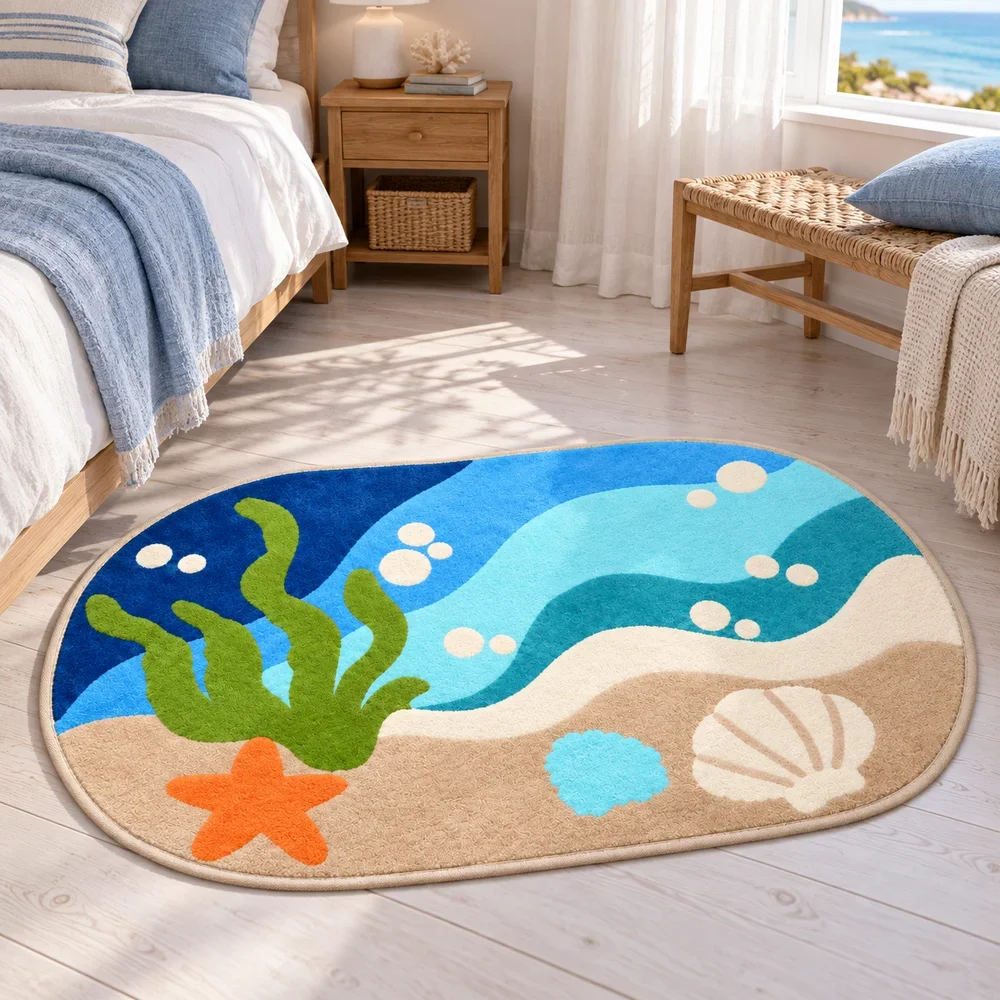 Ocean Beach Shaped Rug Sea Shell Starfish Coastal Floor Mat Bathroom Bedroom Entryway Living Room Beach Theme Home Decor Carpet