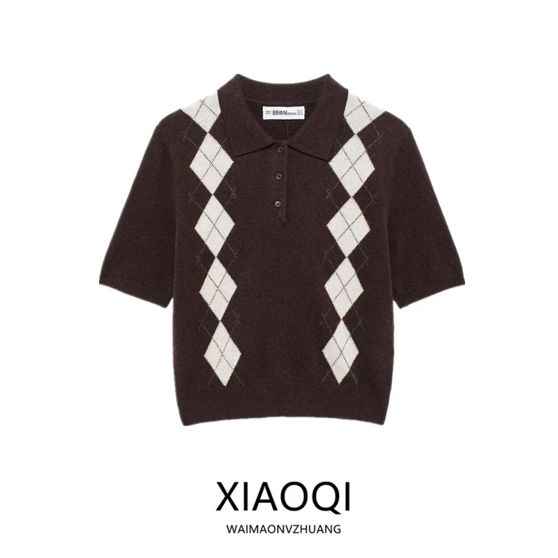Spring 2025 Women's Knitted ort Sve Diamond Pattern  irt Versatile Design Commute Sle Regular Length Overhead Wear