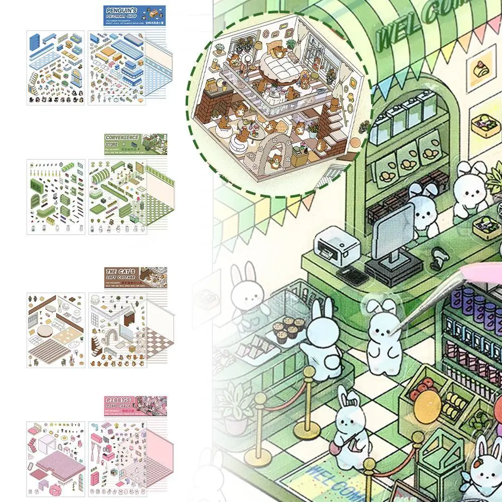 Cena em miniatura dos desenhos animados 3d paisagismo adesivos com pincettecabin cena empilhamento e colagem mão conta bonito presente para crianças