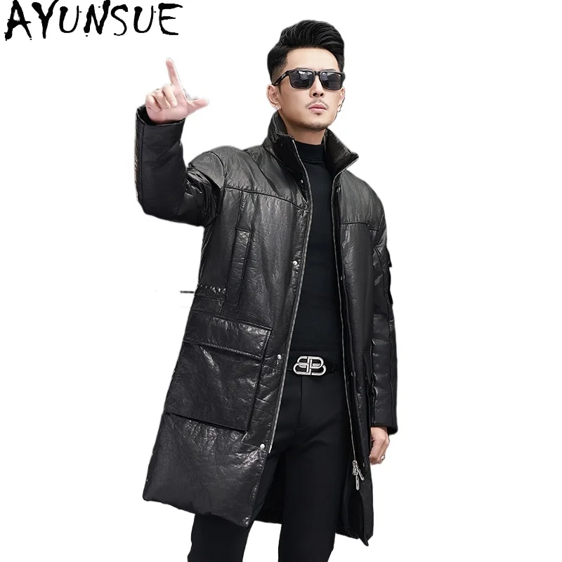 

AYUNSUE Warm 90% Goose Down Coat Men Winter Long Genuine Cowhide Leather Jacket Man Stand Collar Fashion Puffer Coats Jaquetas