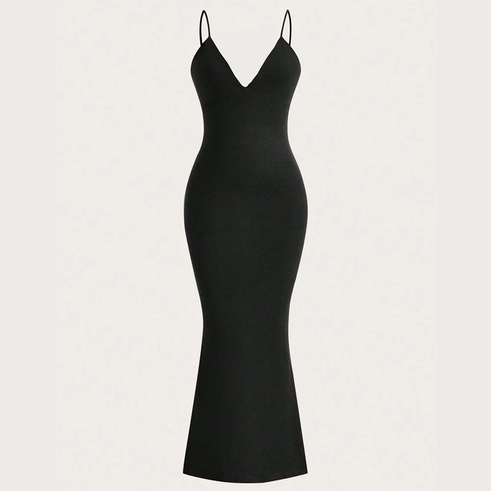 Dresses Spring Summer Basics Daily Solid Color Sleeveless Plunge Neck Maxi Bodycon Cami Dresses  For Women