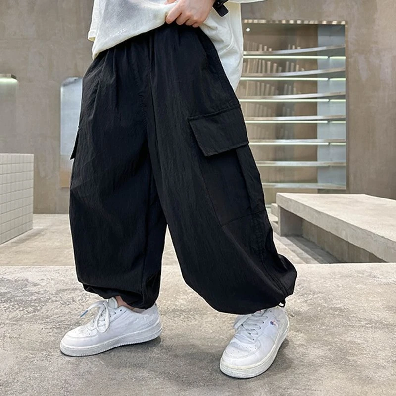 Boys Cargo Pants 2026 New Summer Thin Casual Loose Jogger Children Hip Hop Streetwear Elastic Cuff Long Trousers  137