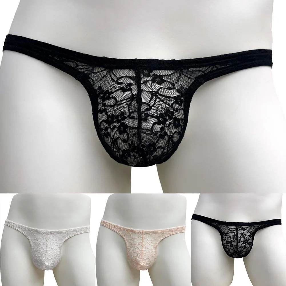 

Мужские трусы-брифы из эластичного жаккарда с кружевом, однотонные, прозрачные, с анатомическим мешочком, нижнее белье для мужчин