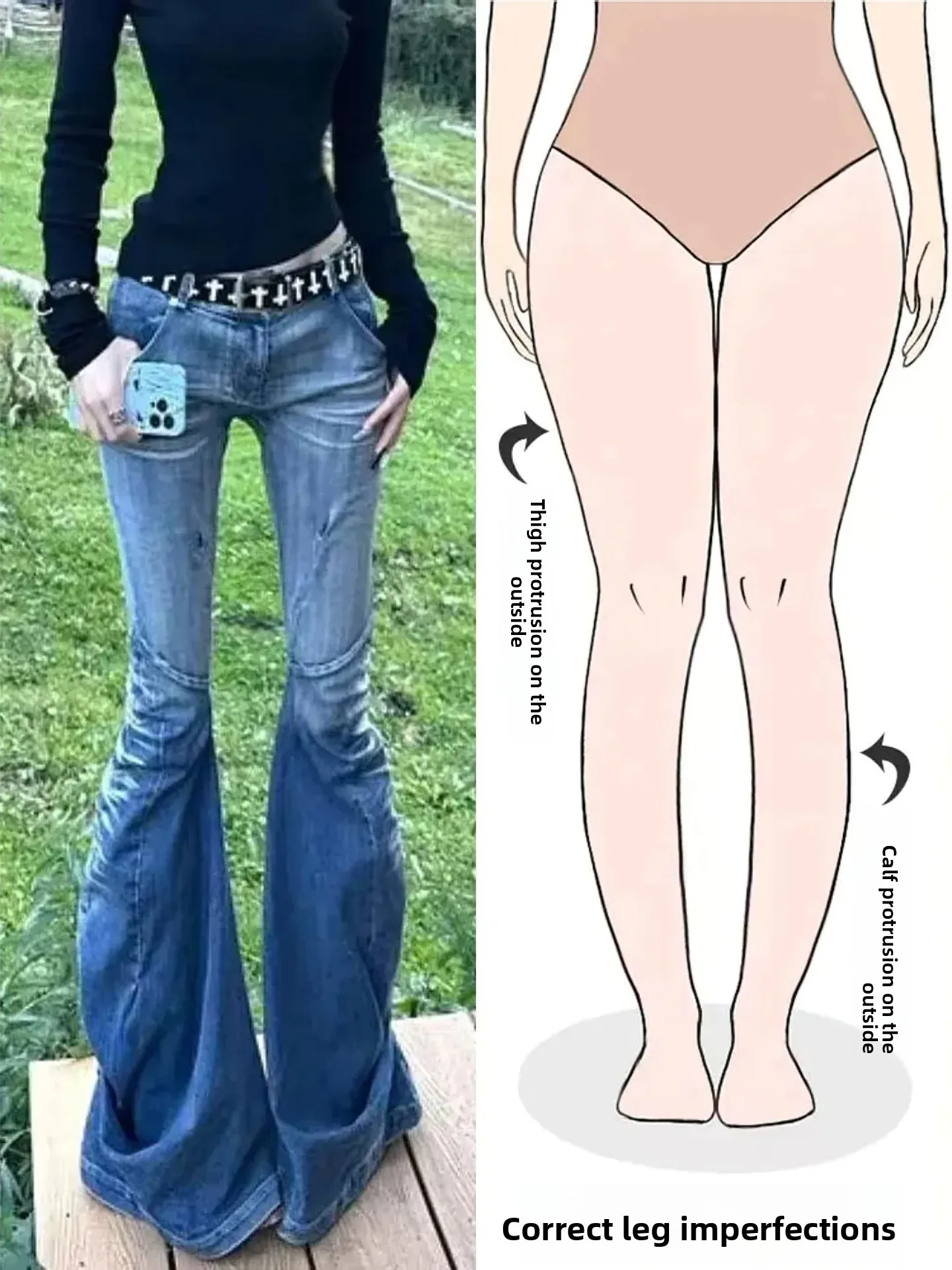 

Retro American Splicing Pleated Denim Jeans Women's Slimming Bell Bottom Pants Autumn New Style Casual Low Waist Zipper