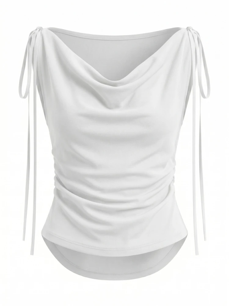 Trendy Cowl Neck Y2K Drawstring Off Shoulder Slim Tops 2026 Summer New White Women's T-shirt Solid Versatile Lace-up Tee