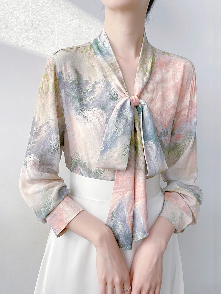 

Korean Sle V-Ne Silk irt Women's Luxury Design Monet Oil Painting Sle adient Knot Drapey Long Sve Top