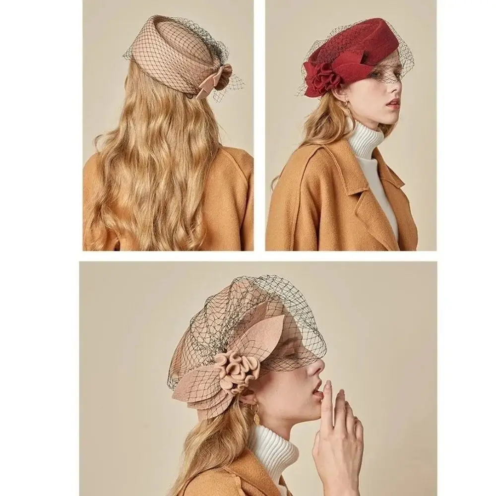 Teardrop Hat Vintage Mesh Topper Hat Flower Retro Pillbox Hat Solid Color Charm Airline Stewardess Caps Performances