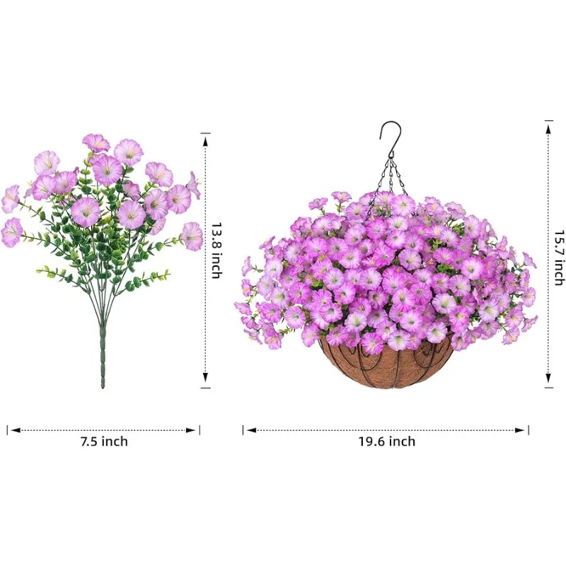 Artificial Fake Hanging Flowers Plants in Basket for Outdoor Decoration, 12 Pcs Faux Morning Glory in Planter Realistic UV Resis