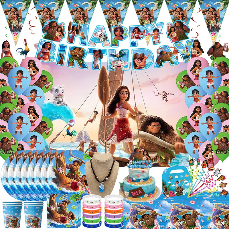 New Moana 2 Birthday Party Decoration Vaiana Birthday Decoration Set Tableware Backdrop Plates Cups Moana Necklace Girl Toy Gift