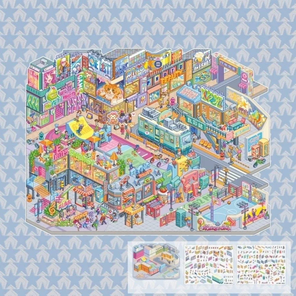 New 3D Effect Miniature Scene Stickers PET Die Cut Self-Adhesive Cartoon Stickers Pixel Art DIY Stacking Stickers For Fun Decor
