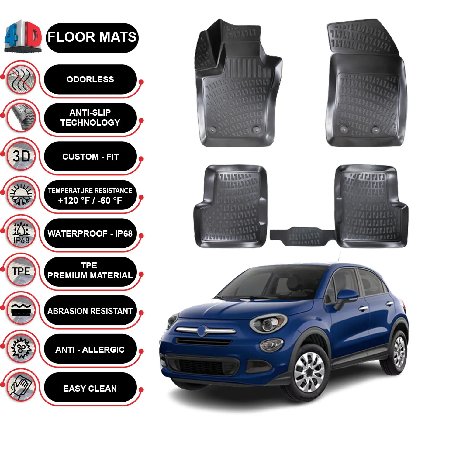 

Коврики для пола Fiat 500X - (2014-2022) водонепроницаемые, 3D-(черные)