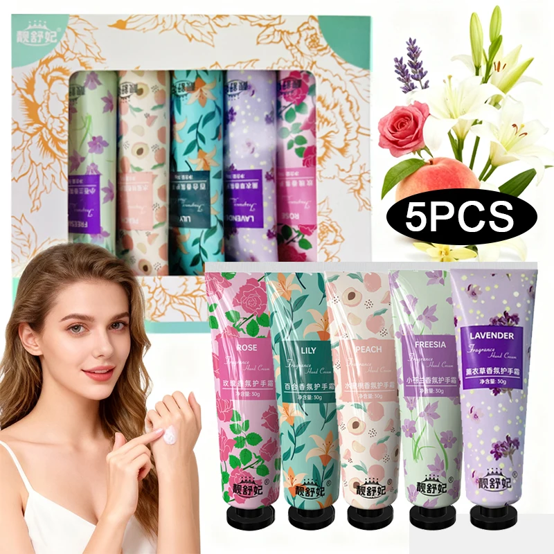 Crema de manos de 5 piezas con set de regalo de manos, crema de manos de frutas y flores con 5 sabores diferentes para elegir, hidratar