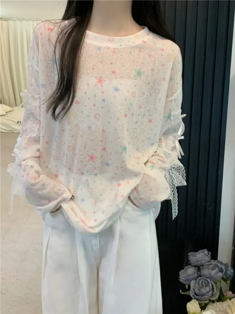 

Dopne Sweet Print Summer Casual Loose Women's T-irt Sunade Cover up Korean Sle Long Sve round Ne Top