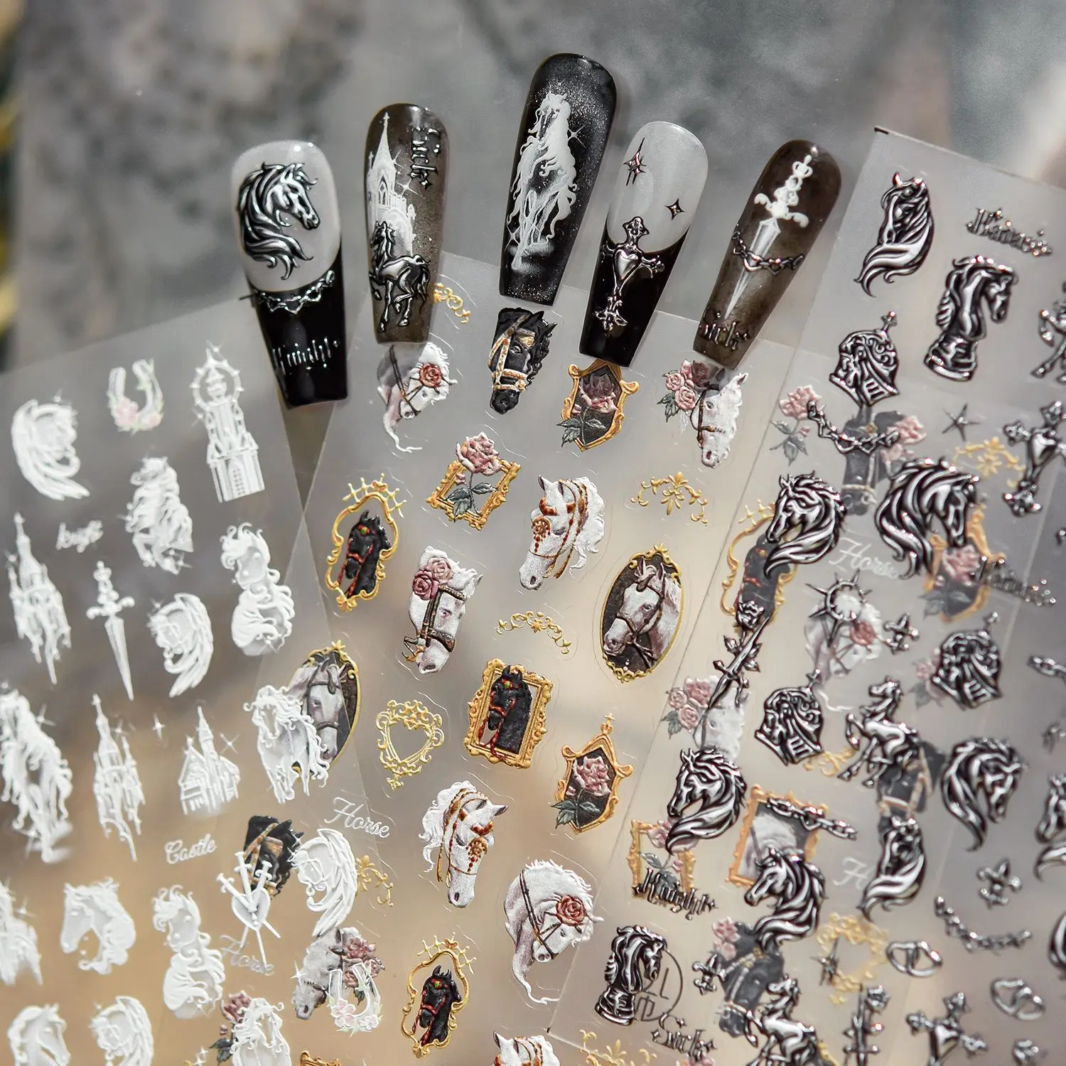 Knight Horse Sword Photo Frame High Quality Cool Girl Nail Stickers Decor Manicure Decals T-5284