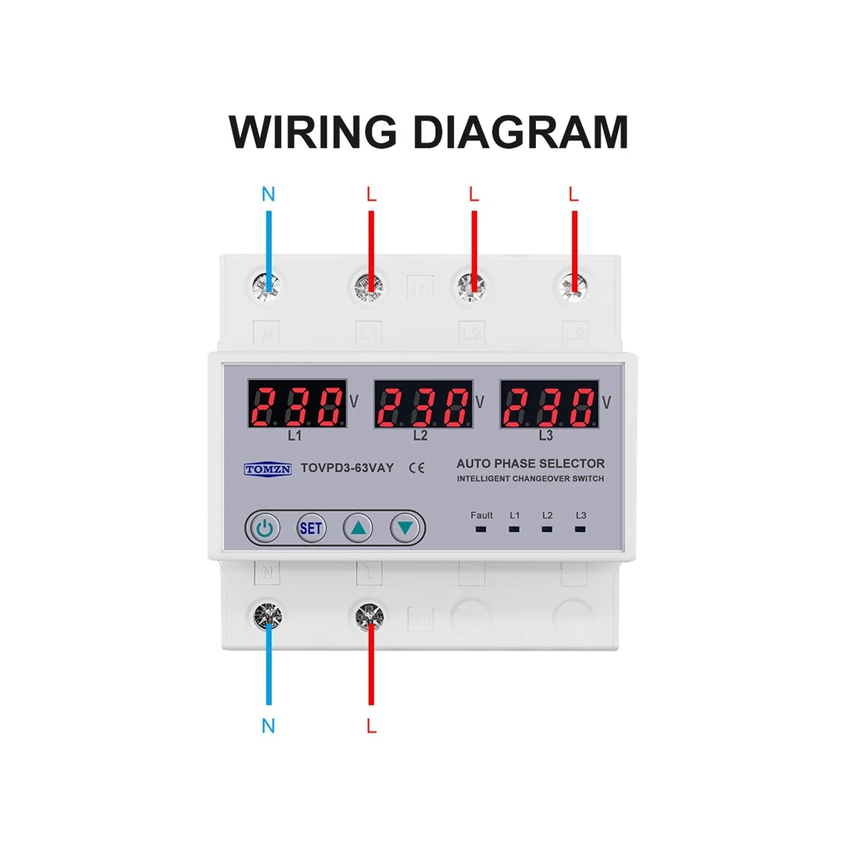 TOMZN 63A 3 Phase 3P+N Rail Phase Selector Voltmeter with Adjustable over and Under Voltage Protection Monitor Relays Protector