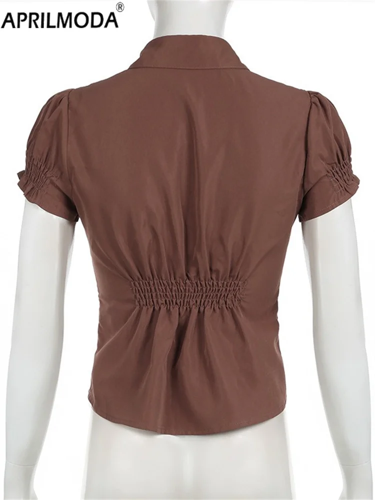 2025 Solid Hot Girl Vintage Harajuku Retro Y2K Damesshirt Korte mouw Button-Down Goth Punk Rock Esthetische Hottie Blouse jaren 90