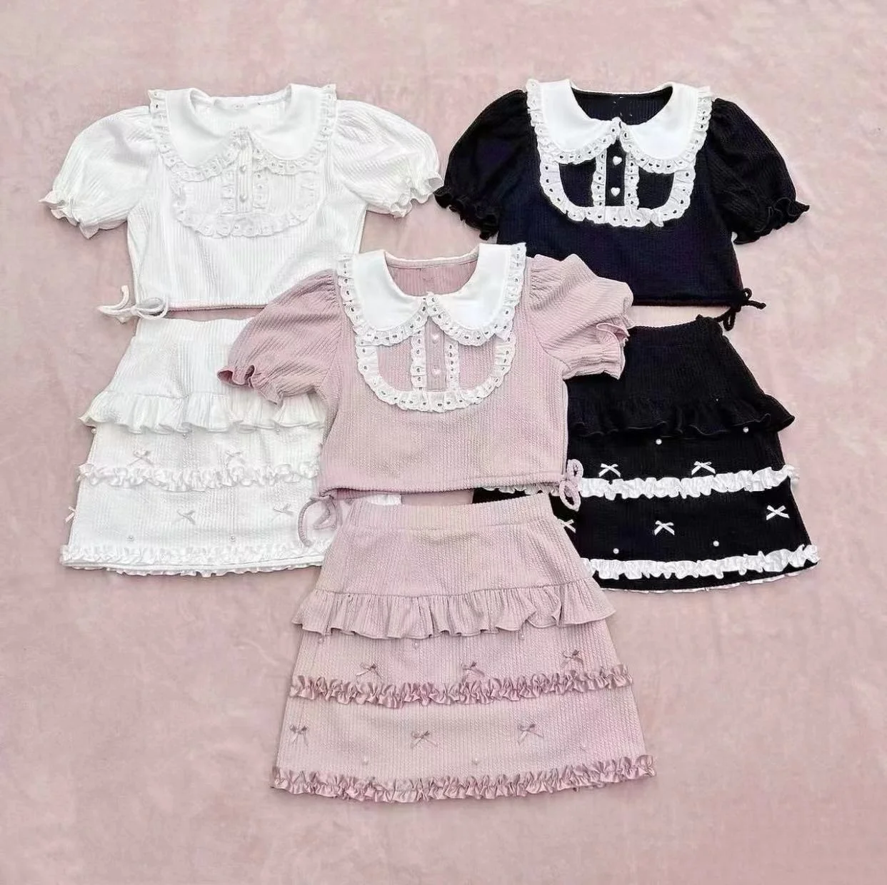 

Japanese Style Kawaii Skirt Sets Two-Piece Suit Sweet Ladies Peter Pan Collar Short Sleeve Top and Short Ruffled Bow Skirts Suit