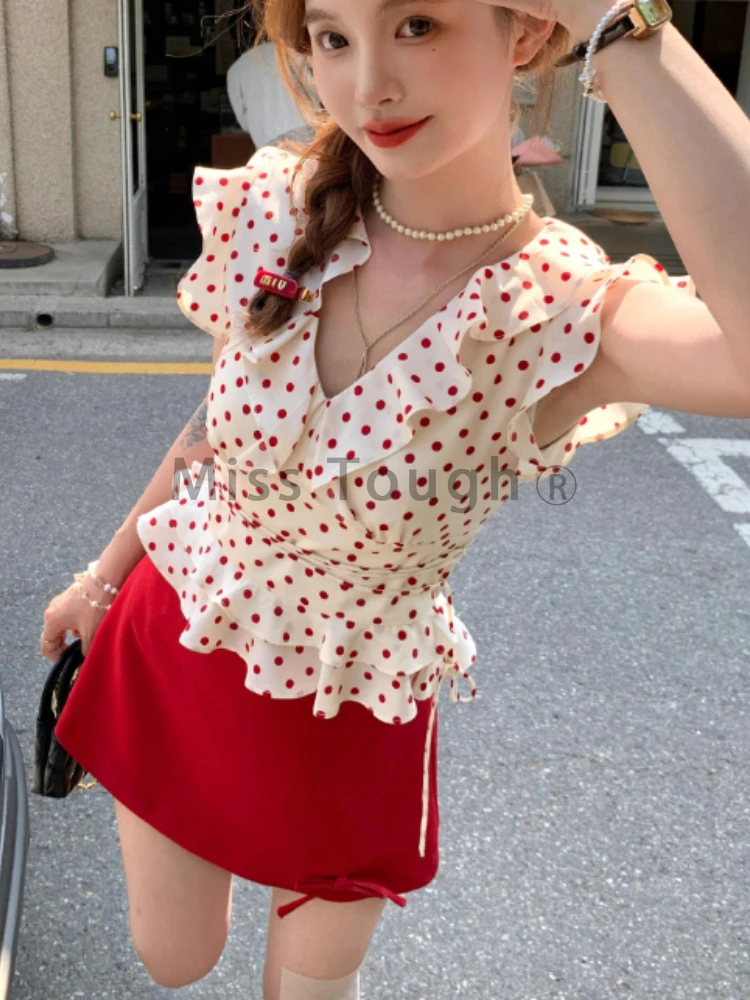 Korean Sweet Thin V Neck Polka Dot 2 Piece Set Women Fashion Summer Loose Lace Up Ruffle Tops Female + High Waist Short Skirt