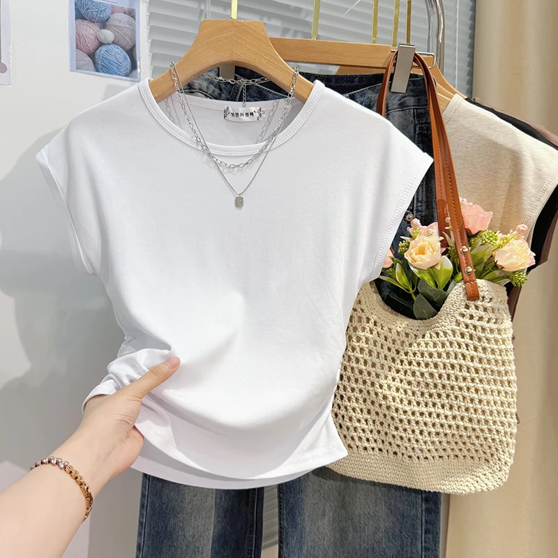 Zjaiss 2026 Summer Fashion Flutter Sleeve Women's T-Shirt Slim Waist Slimming Elegant Top Simple Ruched Waist Top