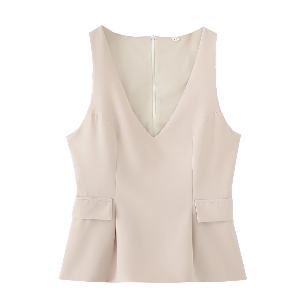 

TRAFZR Corset Slim Fit Sleeveless Deep V-Neck Elegant Office Formal Women Tops Light Beige Solid Color With Pockets Daily Wear