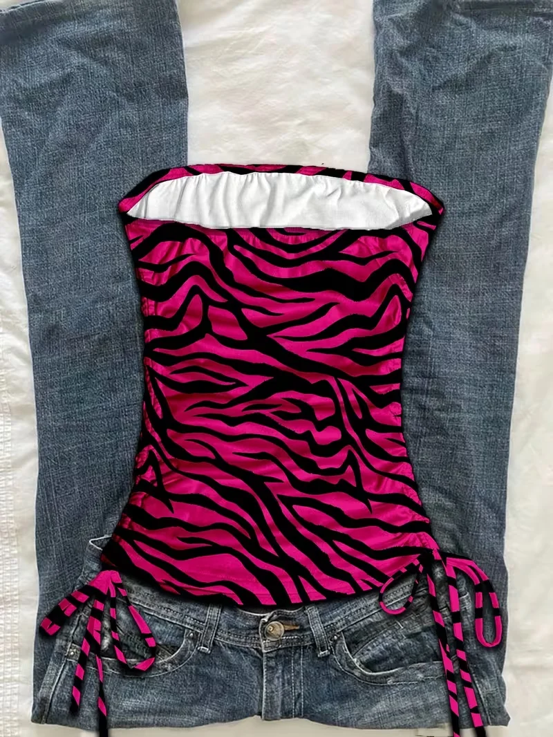 سترة نسائية قصيرة للعطلات الصيفية ذات ثنيات وأربطة وطبعة الفهد، بلوزة بدون أكمام بطبعة حمار وحشي، بلوزة مطبوعة على شكل حمار وحشي وردي،