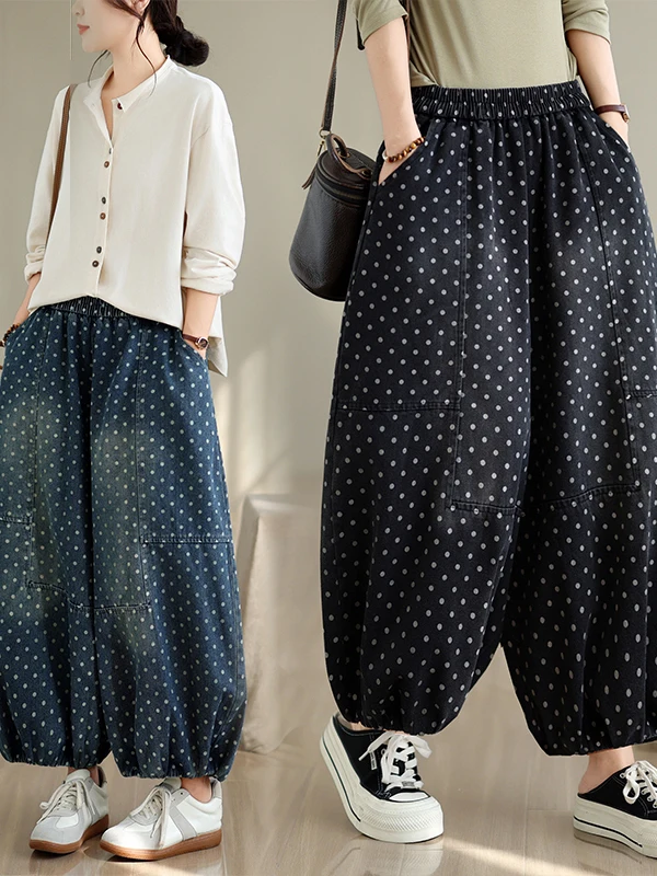New Chinese Style Wide Leg Jeans Women's Printed Washed Denim Lantern Pants Slimming Straight Cut Casual All Season