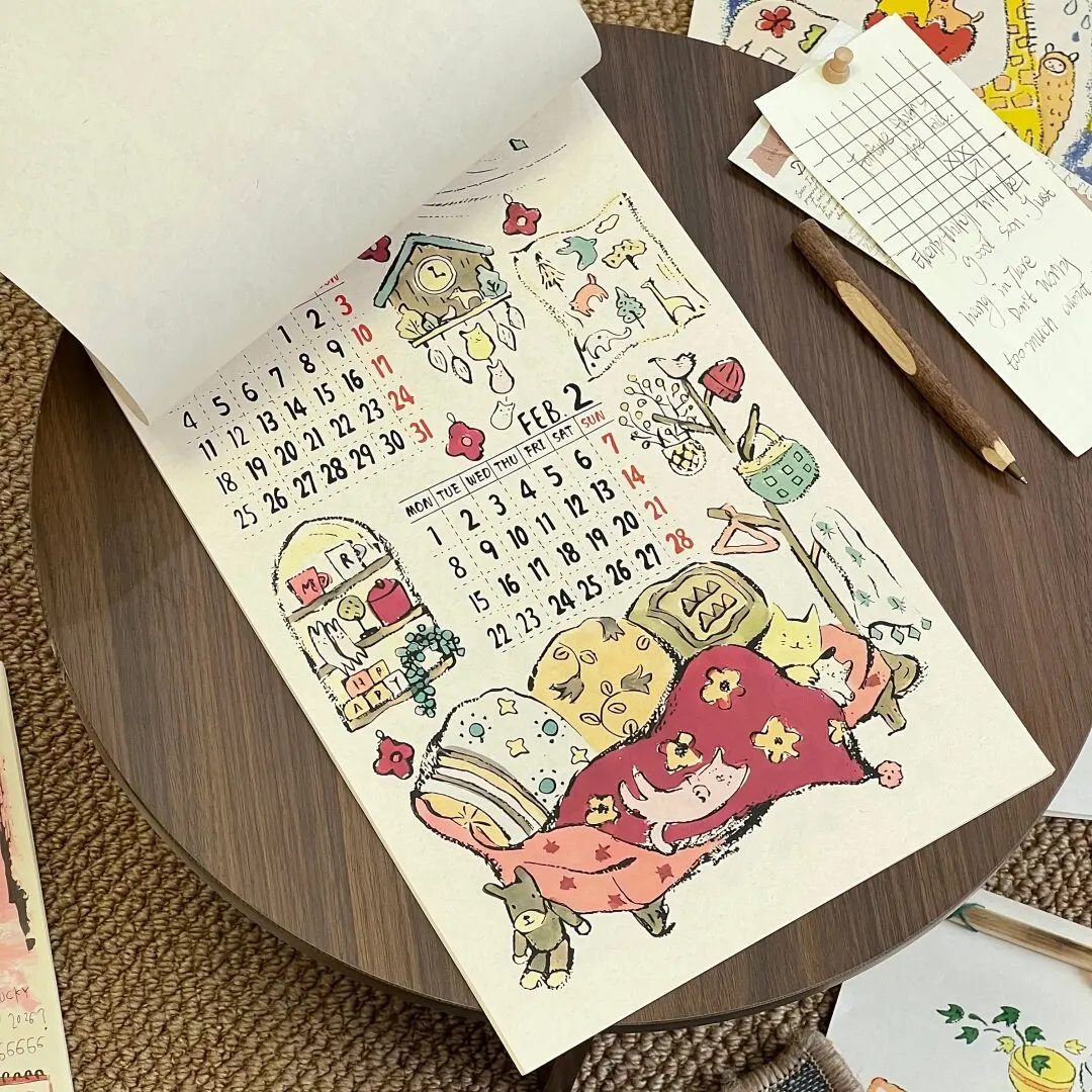 2027 Cute Doodle Cat Illustration Wall Hanging Calendar Monthly Planner Schedule Tracker Vintage Art Print Calendar Room Decor