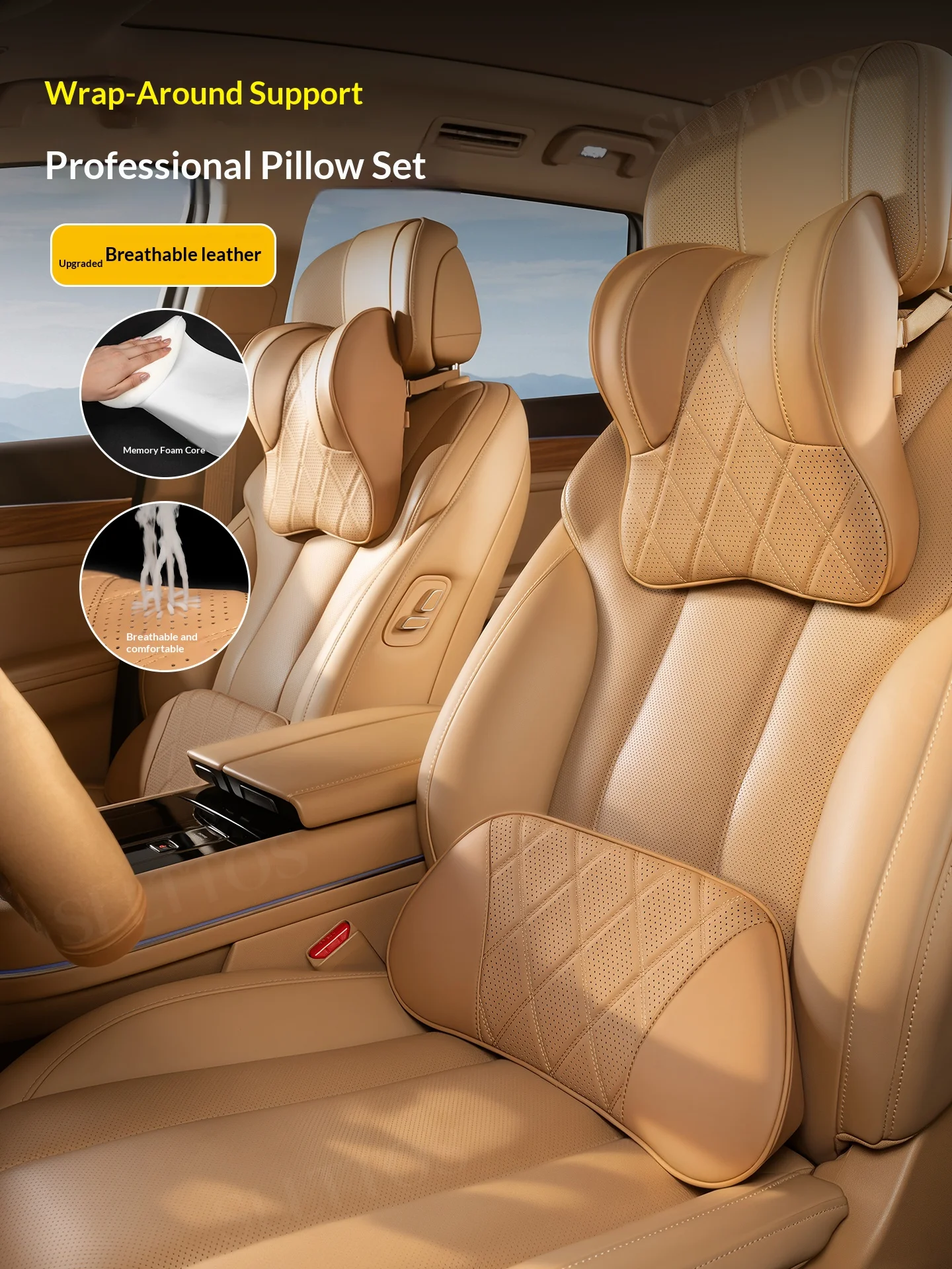 Wing Type Car Neck Pillow Nappa Leather Punch Design Memory Foam Headrest Relief Driving Fatigue Auto Interior Accessory