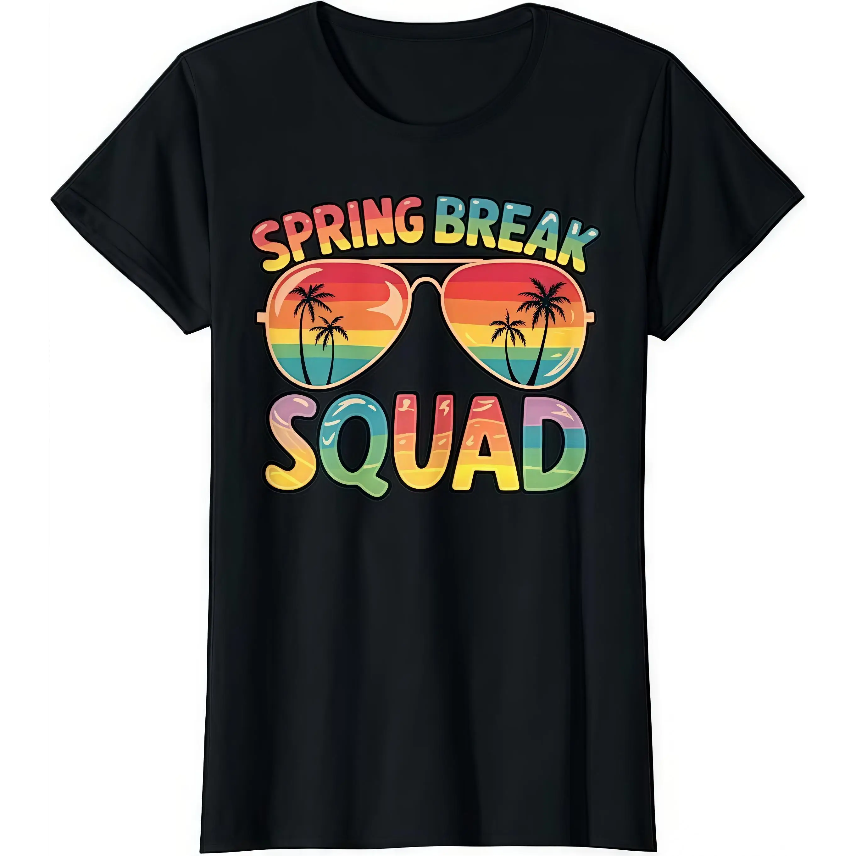 

Spring Break Squad T-Shirt Women Vacation Graphic Tee Rainbow Sunglasses Palm Tree Beach Party Cotton Top Student Gift