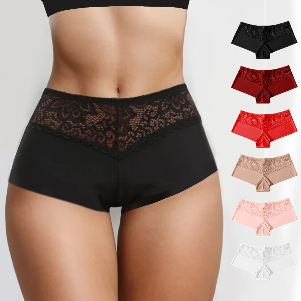 WarmSteps 3Pcs/Set Women\'s Lace Boxers Seamless Panties for Woman Ice Silk Solid Underwear Lingerie Intimate Boyshorts Boxers