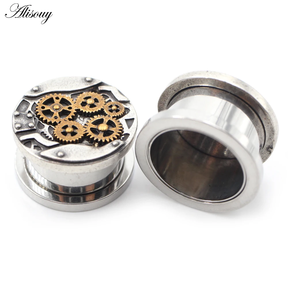 Alisouy 2PCS Punk Machine Gear Thread Stainless Steel  Ear Gauges Tunnels Plug Expander Stretcher Earrings Piercing Body Jewelry