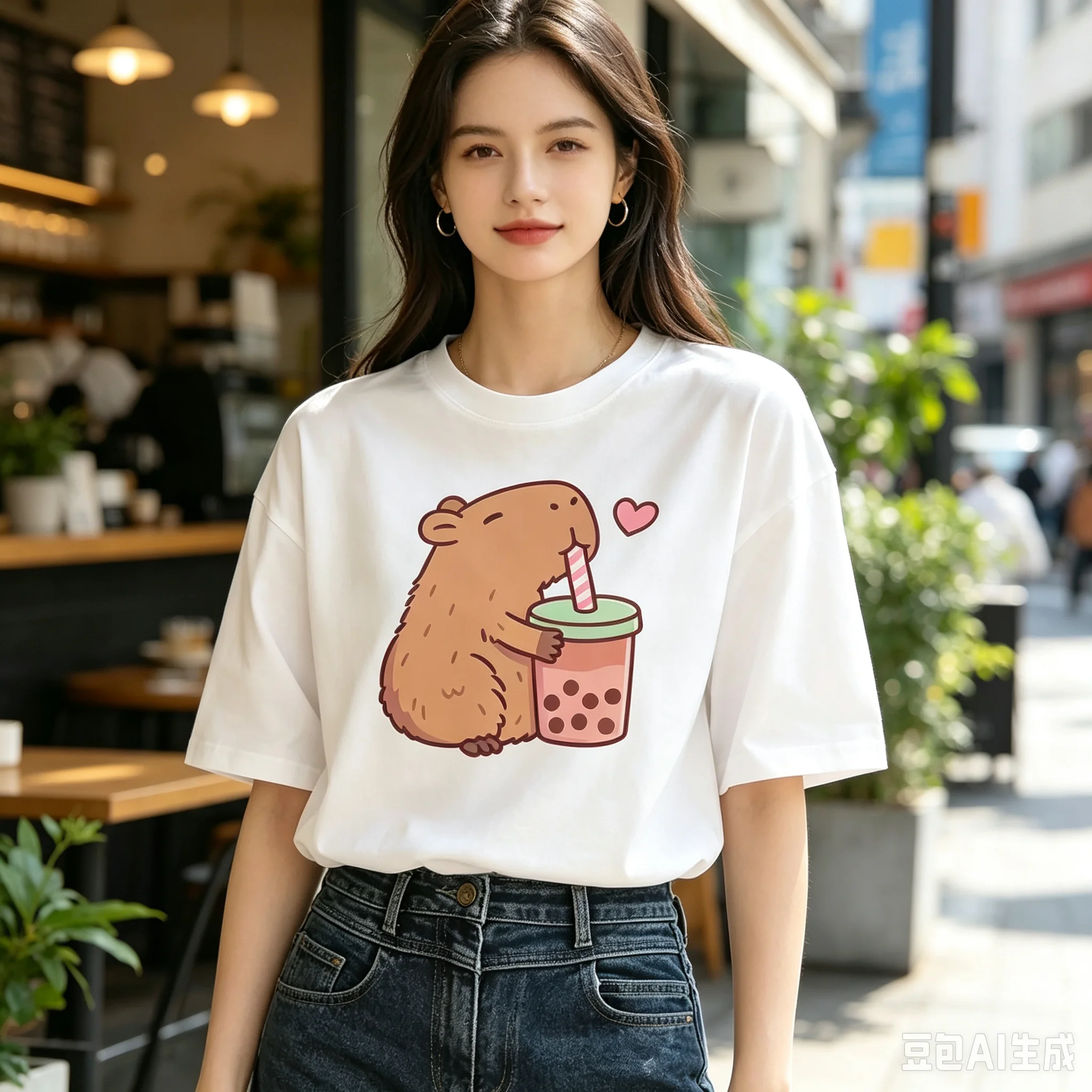 Cute Capybara Drinking Bubble Tea Print T-Shirt Women 100% Cotton Casual Loose Top Summer Funny Animal Gift Tee