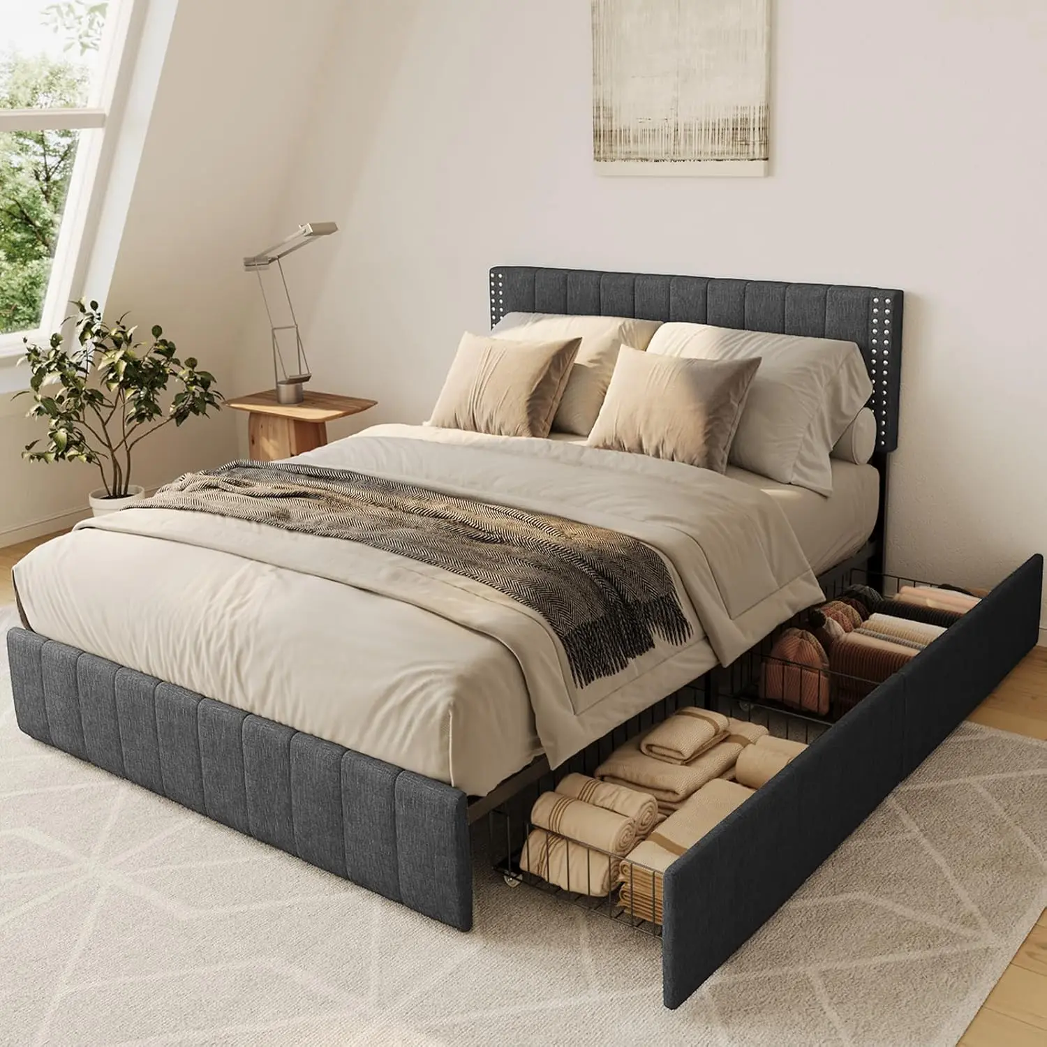 

Queen Bed Frames with 4 Storage Drawers on Wheels and Headboard Adjustable, Fits 6" to 12" Mattress, No Box Spring Needed