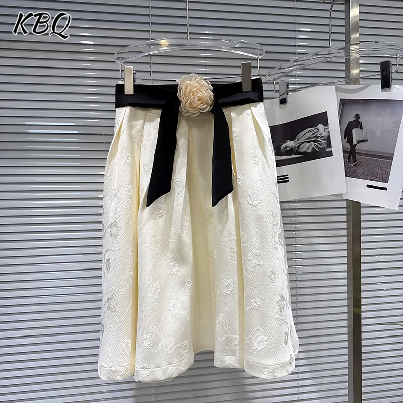

KBQ Spliced 3D Appliques Belt Embroidery A Line Skirts for Women High Waist Elegant Fashion Long Skirt Female Fashion Winter New