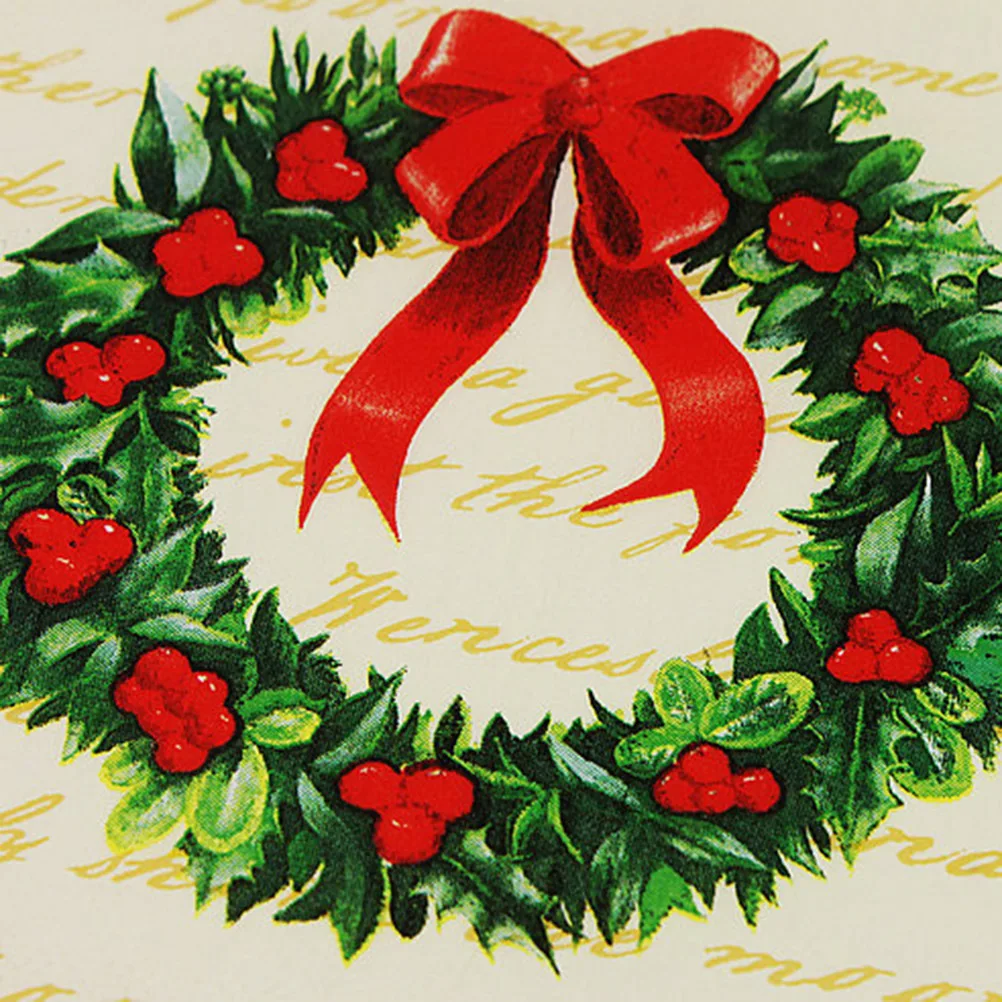 

100PCS Christmas Wreath Printed Napkins Disposable Tissue Wood Pulp Dinner Napkins Birthday Party Supplies Xmas Favors