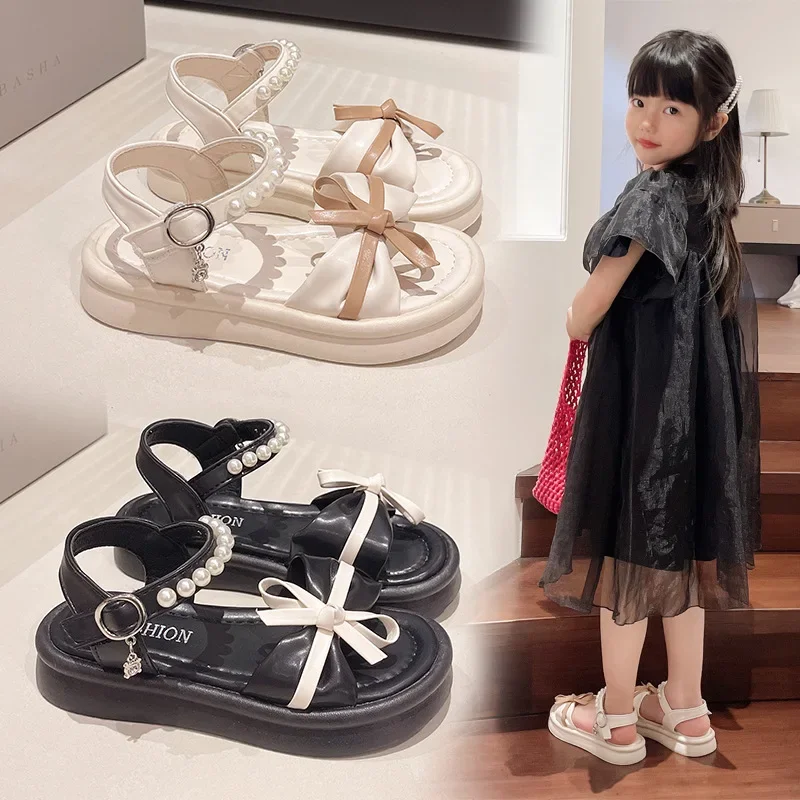 

24-37 2025 Bow Tie Children's Sandals for Girls Shoes for Kids Summer Soft Flat Heels Beach Princess Fashion Beaded Baby Shoes