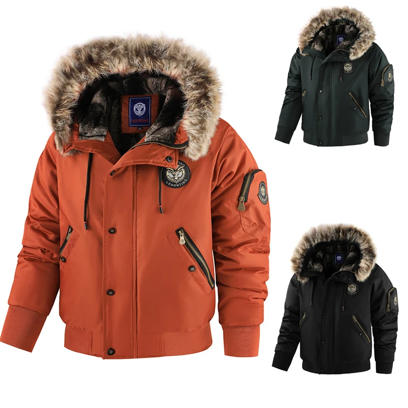 New Men Winter Padded Jacket Black Hood Durable Windproof Fabric Embroidery Jacket Side Pockets Long Sleeve Zipper Coat for Man