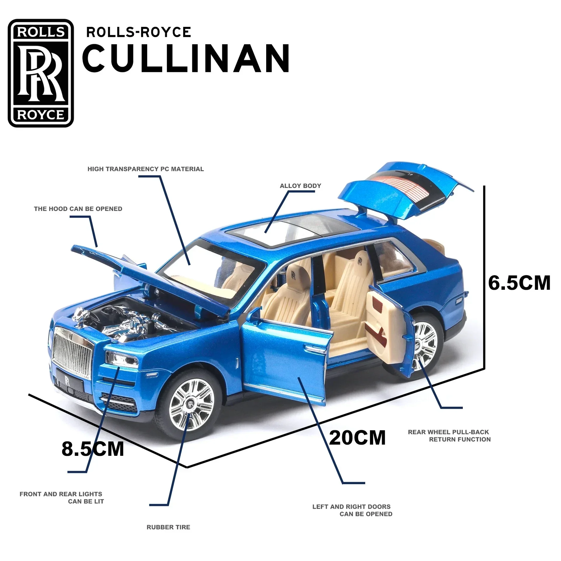 Rolls Royce Cullinan Diecast Metal Miniature Car Model Puxar, luz e som, porta aberta, luxo, presente de coleção para menino, 1:24