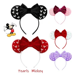 Colors Soft Cotton Mickey Mouse Ears Headbands Girls White Pearls Bow Hairbands Kids Minnie Hair Accessories for Women Festival