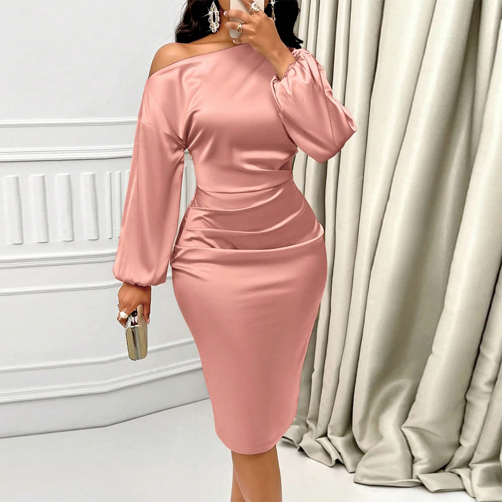 

Women Satin Elegant Off Shoulder Evening Dress Slim High Waist Bodycon Dress Long Sleeve Formal Prom Wedding Guest Midi Dresses