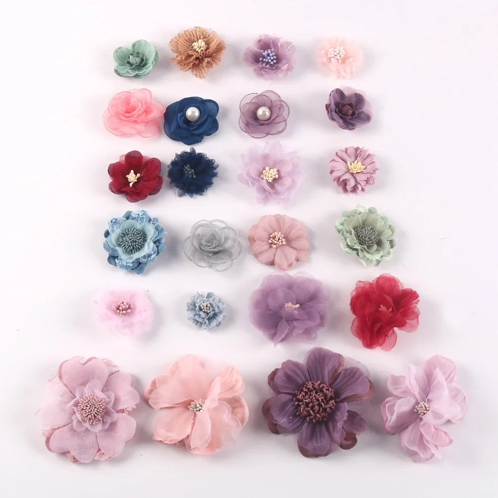 Artificial Flowers Head With Bead Chiffon Fabric Hairpin  Wedding Dress Clothing Making Accessories Silk Flowers