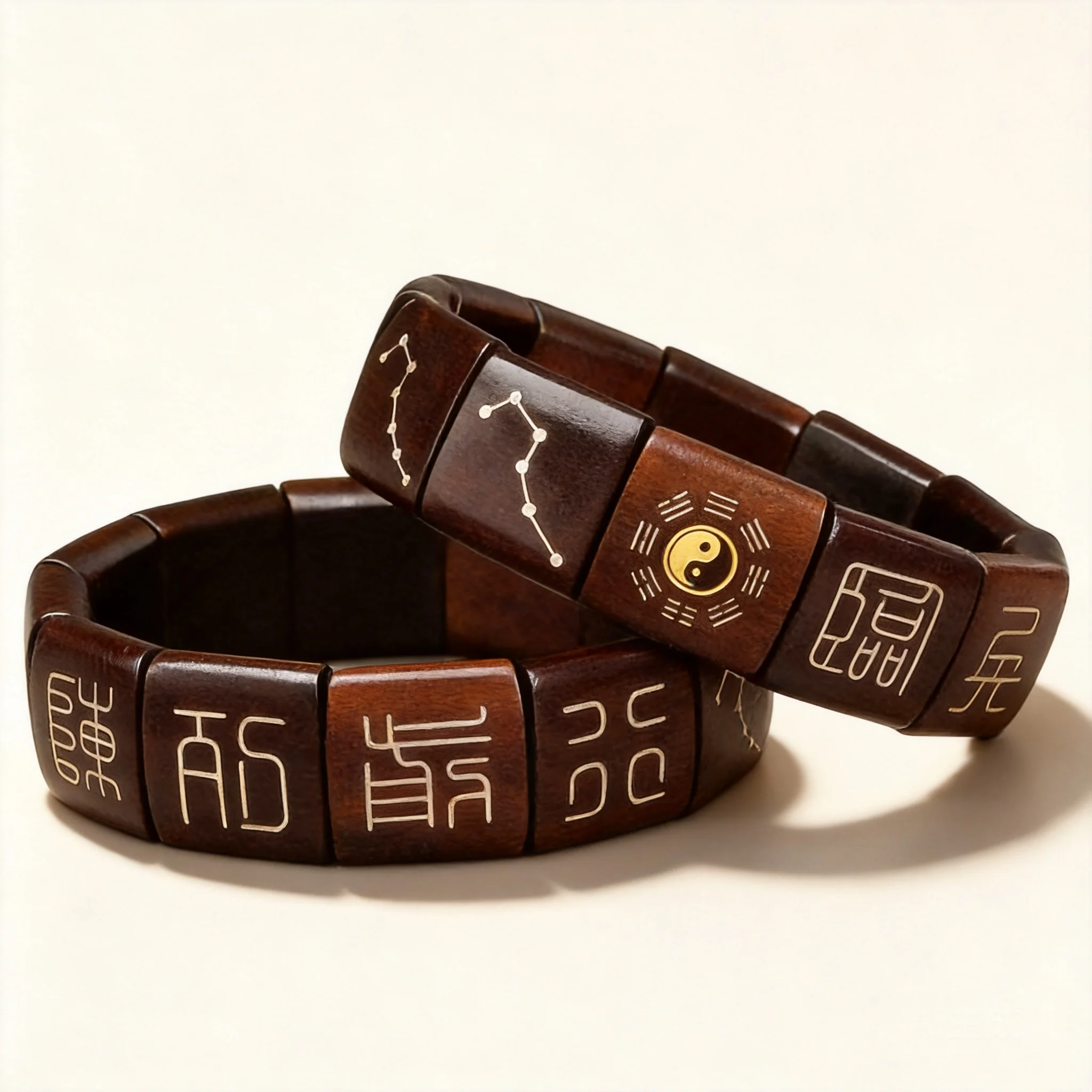 Chinese Traditional Taoist Thunder Struck Jujube Wood Inlaid Silver Nine Word Mantra Square Bead Bracelet Lucky Blessing Wealth
