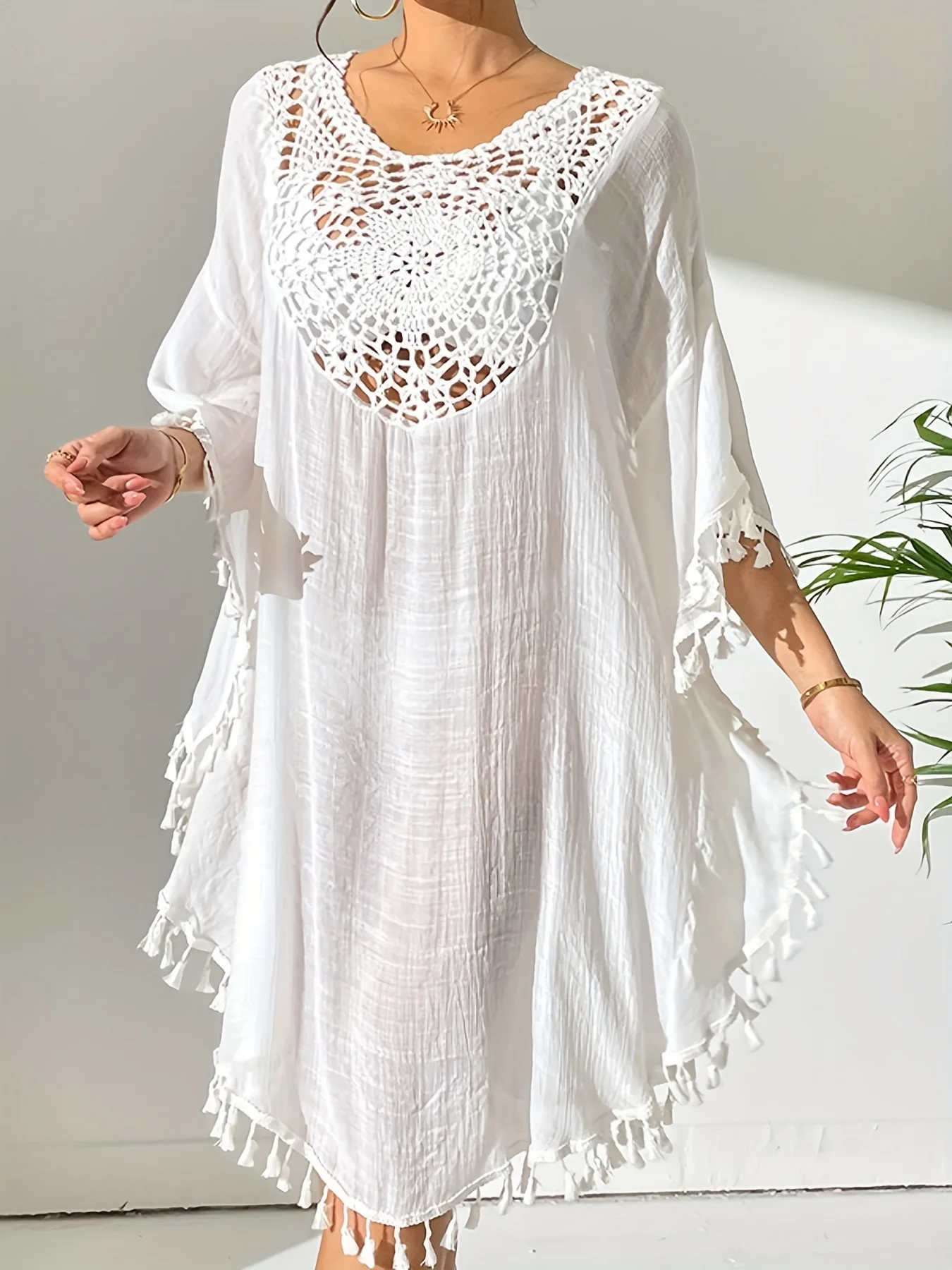 Long Sleeve Bohemian Chic Bikini Beach Cover Up Dress Bathing Suit Women Crew Neck, Semi-Sheer, Hollow Out, Pullover Style