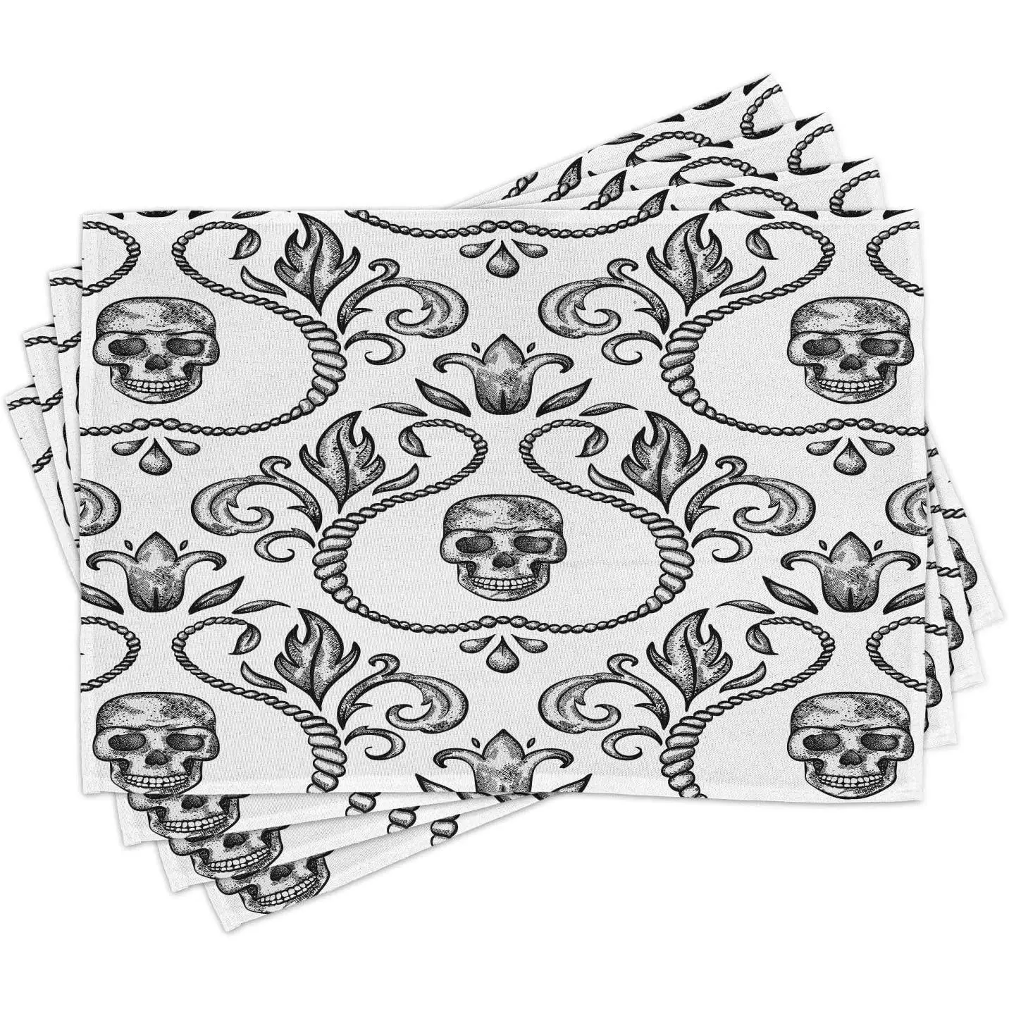 

Готические коврики для столовых приборов из 4 декоративных тканевых салфеток с черепом и цветочным рисунком в стиле барокко, моющиеся тканевые салфетки