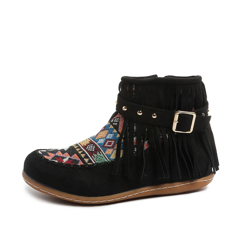 2025 خريف شتاء جديد الغربية حذاء من الجلد للنساء البوهيمي هامش مريح الجلد المدبوغ حذاء مسطح مع حزام مشبك رصع #6
