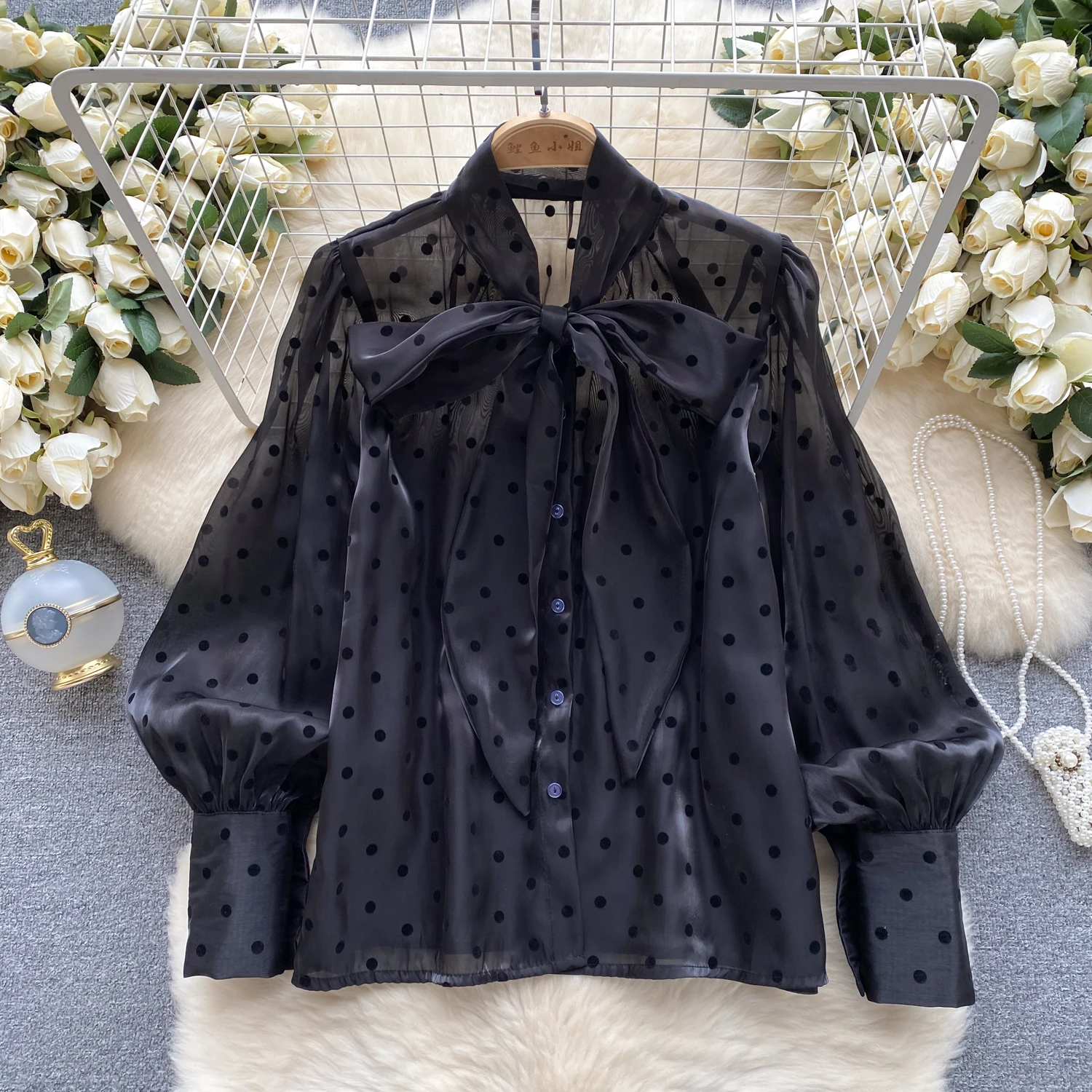 أنيقة خمر البولكا نقطة فراشة فضفاضة أساسيات الموضة قميص مثير شارع العليا المرأة بلوزة ملابس النساء #4